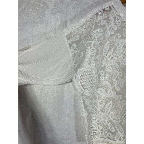 White Lace Crop Top Medium Roll Tab Sleeve - Picture 4 of 12